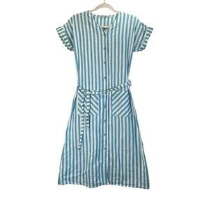 Poleren Womens S Teal/White Stripe Button Down Casual/Summer Office Wear Dress